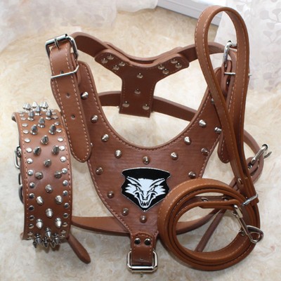 Spiked Studded Leather Dog Harness Collar Leash set for Big Dog Pit Bull Terrier