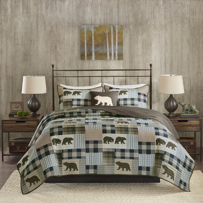 NEW! ~ COZY LODGE GREEN BROWN BEIGE MOOSE BEAR BLUE COUNTRY LOG CABIN QUILT SET