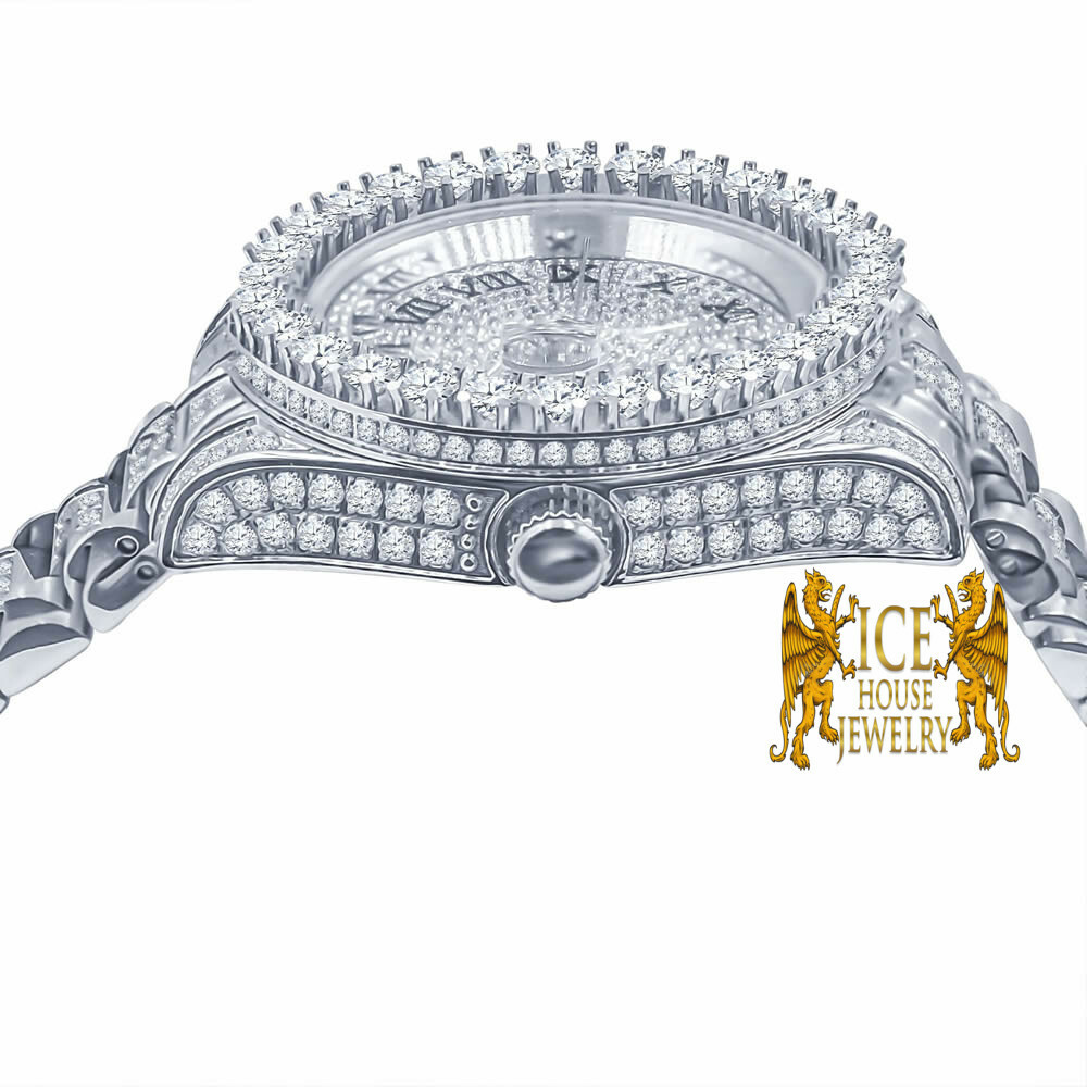 Pre-owned Bling Master 18k White Gold Solid Stainless Steel Simulated Diamonds Presidential Watch 41mm