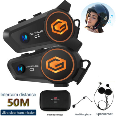 2PCS C2 Motorcycle Helmet Bluetooth Intercom Headset 50M 2 Riders Hands Free LED