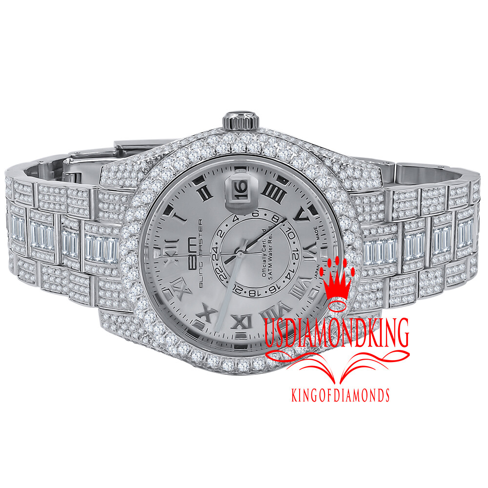 Pre-owned Bling Master Mens Stainless Steel 18k White Gold Finish Simulated Diamond Watch 42mm W/date