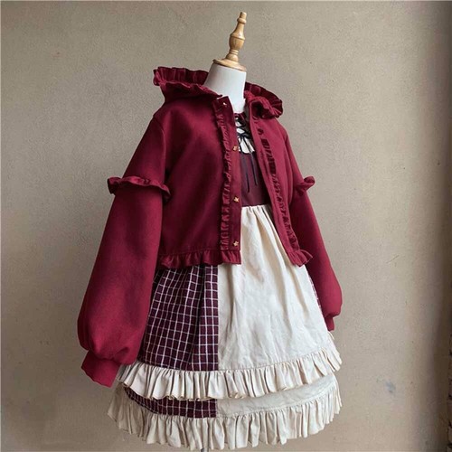 Pre-owned Handmade Custom Made To Order Sweet Lolita Ruffle Hoodie Jacket Short Coat Plus1x-10xl166 In Burgundy