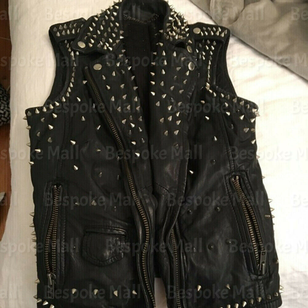 Pre-owned Handmade Men's Black Full Silver Spiked Punk Unique Cowhide Biker Leather Vest-718