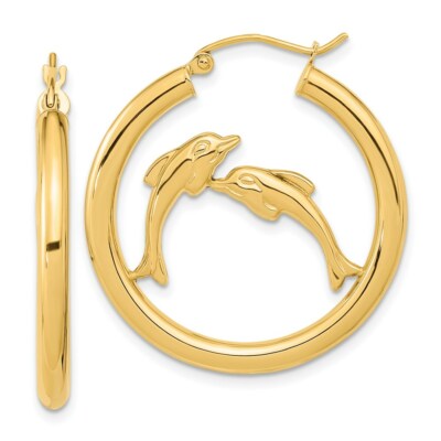 Pre-owned Superdealsforeverything Real 14kt Yellow Gold Polished Dolphins Hoop Earrings