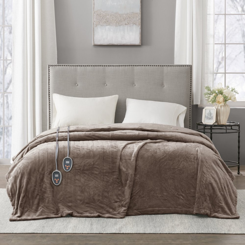 Electric Heated Blanket Queen Size Brown Soft Plush Auto Shu
