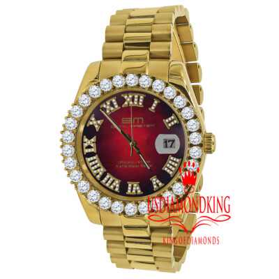 Pre-owned Bling Master Mens Full Steel Red Dial 18k Gold Tone Simulated Diamond Presidential Watch 42mm