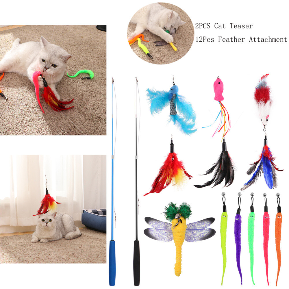 Download 14PCS Cat Play Toy Feather Teaser Wand Interactive Stick Kitten Pet Fun Fish | eBay