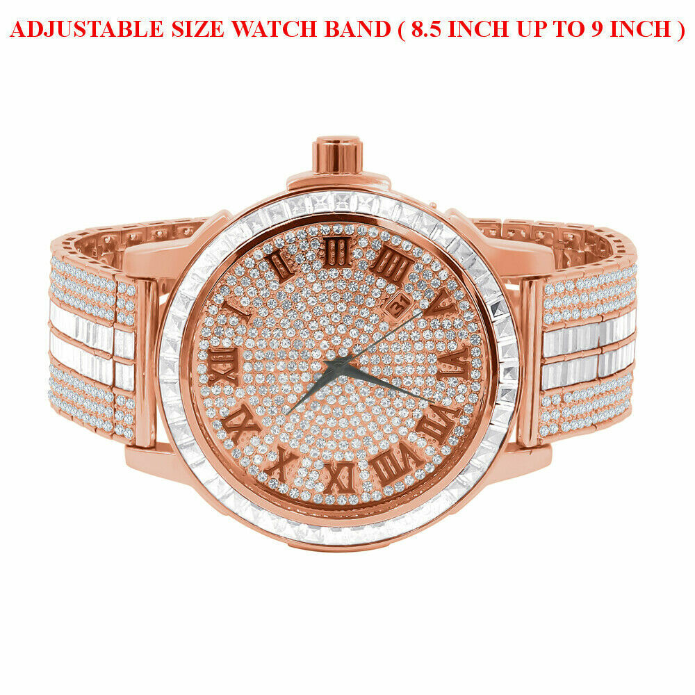 Pre-owned Ice House Roman Numeral Dial Rose Gold Custom Solid Steel Baguette Bezel Band Men's Watch