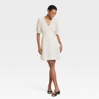 Womens Balloon Short Sleeve Mini Wrap Dress - A New Day Cream/Black Polka Dots