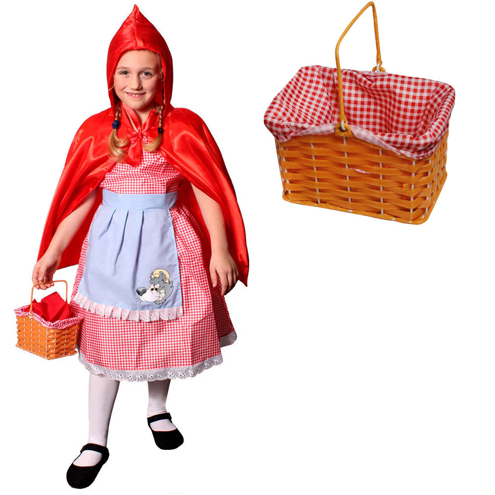 GIRLS LITTLE RED RIDING HOOD COSTUME BASKET FANCY DRESS CAPE SCHOOL