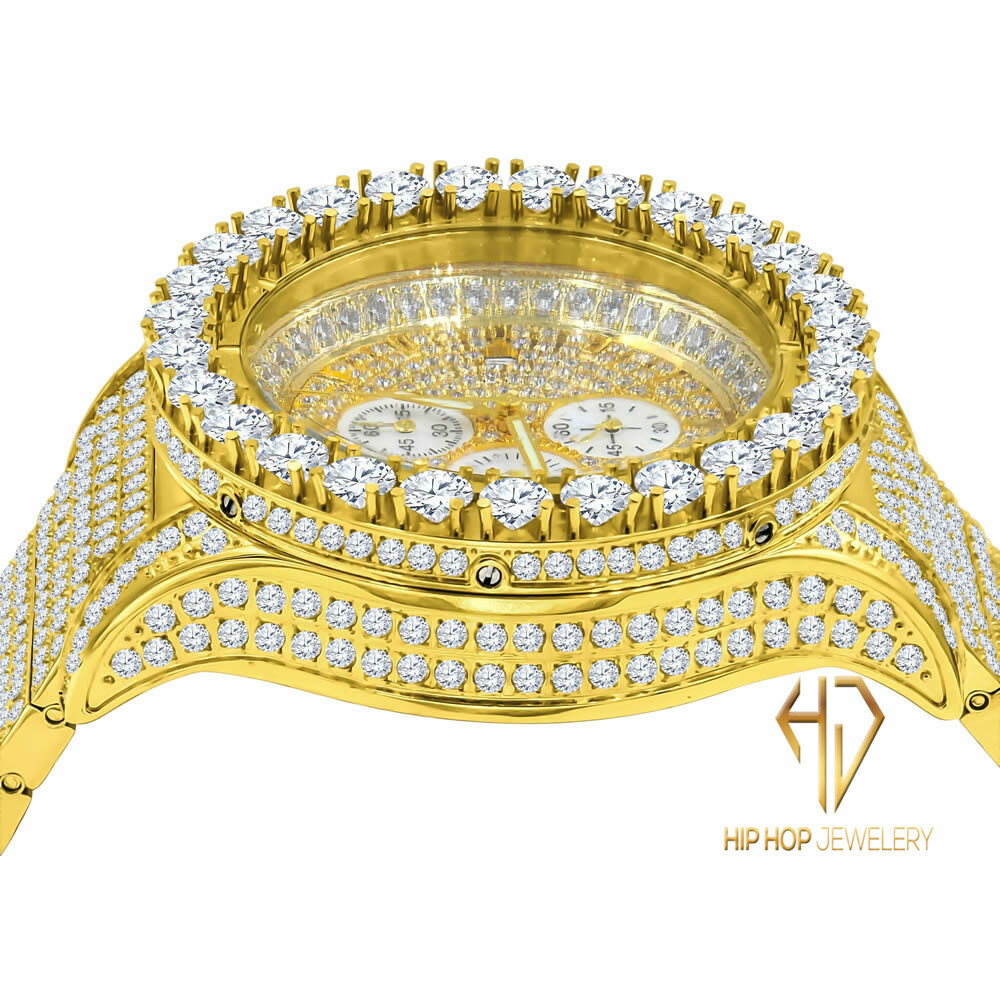 Pre-owned Blingmaster Men's Solid Stainless Steel Yellow Gold Tone Simulated Diamond Custom Watch 48mm
