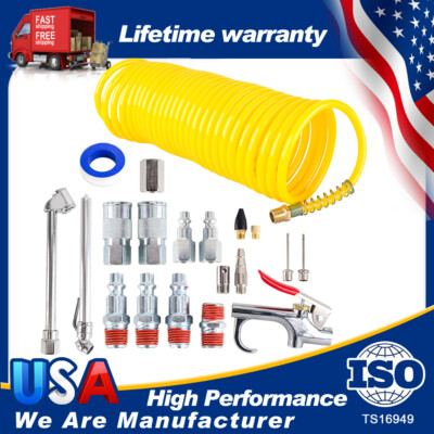 Set Of 20 Air Compressor Accessory Kit 25Ft Recoil Hose Gun Nozzles Set 1/4'' NPT