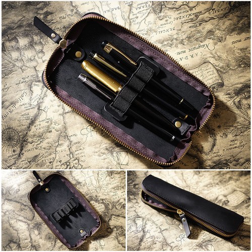 Vintage Genuine Leather Pencil Case Zipper Pen Pouch School Stationery Storage