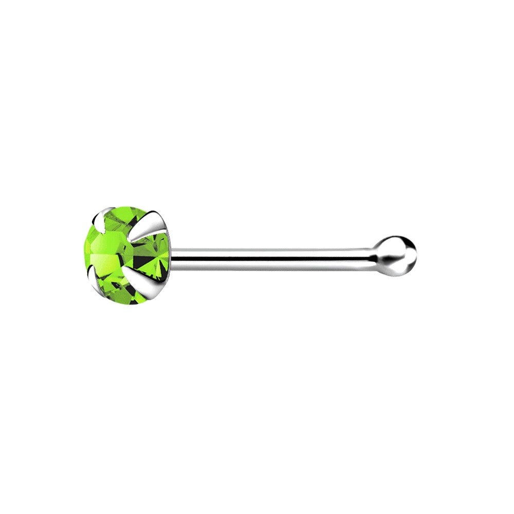 2.5mm Lt. Green Peridot Colour Claw Set Nose Bone Sterling Silver short Ball End