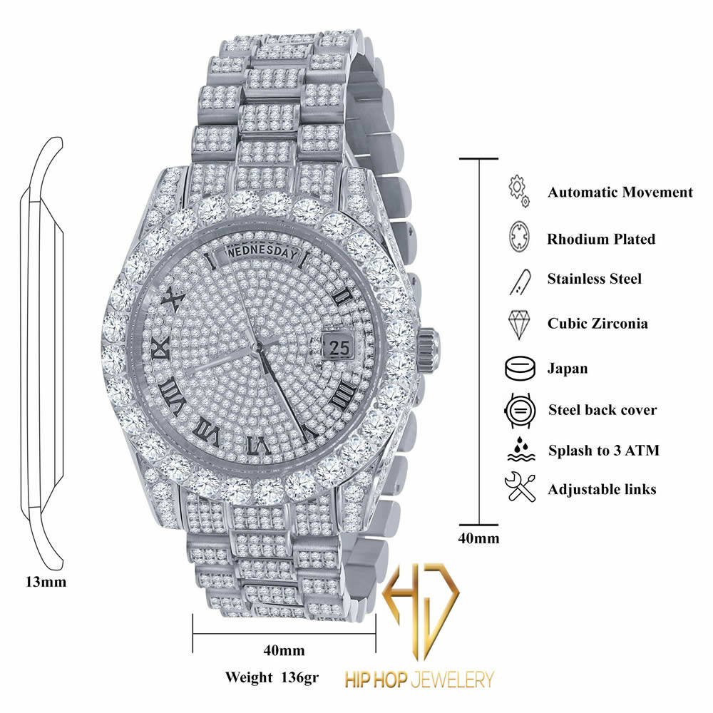 Pre-owned Bling Master Roman Dial Solitaire Stainless Steel 18k White Gold Day & Date 40 Mm Men's Watch