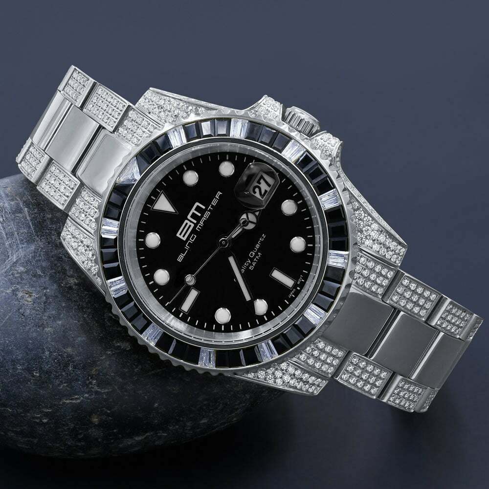 Pre-owned Bling Master Mens Solid Stainless Steel 18k White Gold Finish Simulated Diamond 40mm Watch