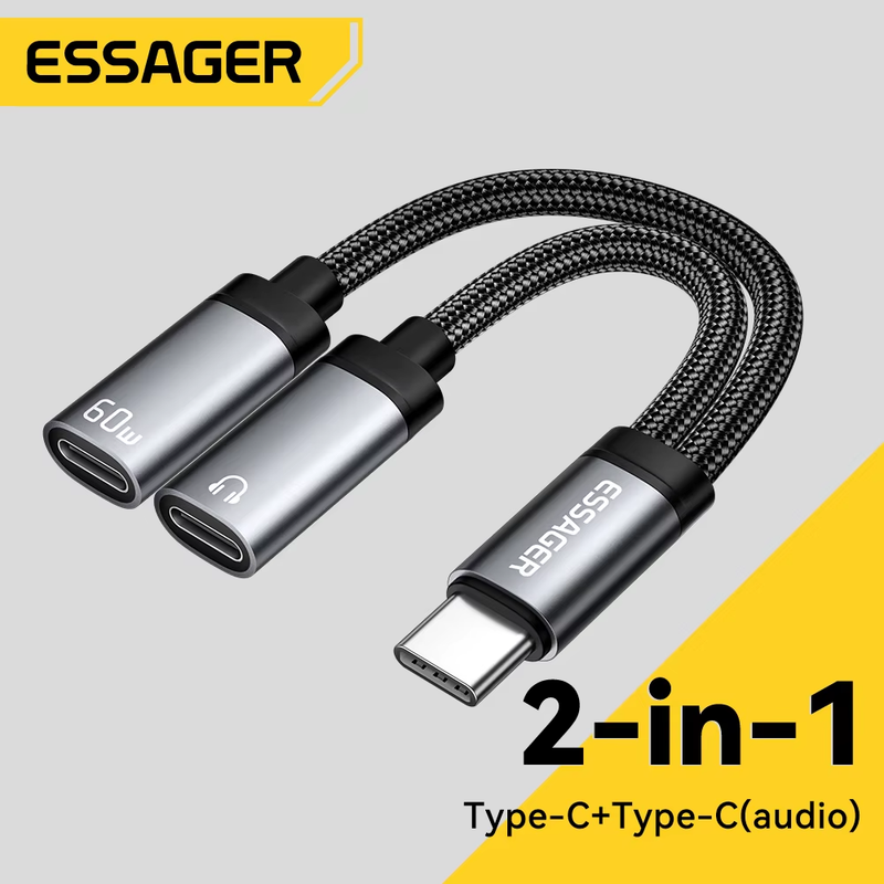 2 in 1 Type C to 3.5mm AUX Cable Headphone Adapter PD 60W Fast Charging for iPho