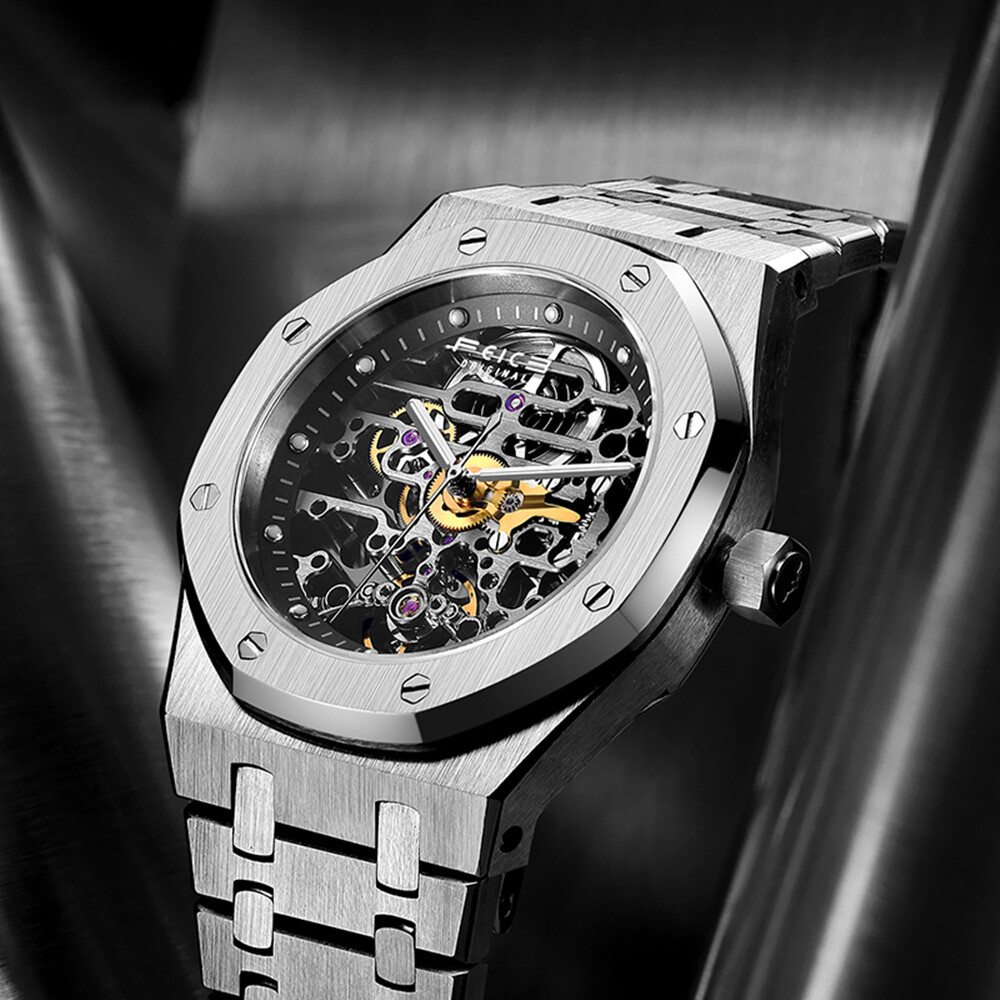 Pre-owned Feice Men's Automatic Mechanical Watch Skeleton Hollow Out Sapphire Glass Sports Watch