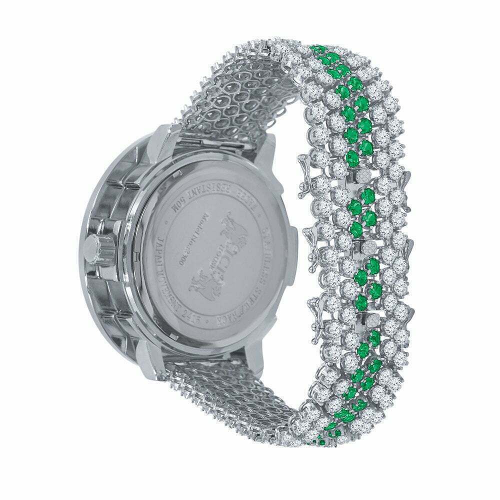 Pre-owned Ice House Mens Green Emerald Xxl Custom Watch Real Diamond Dial 18k White Gold Finish Date