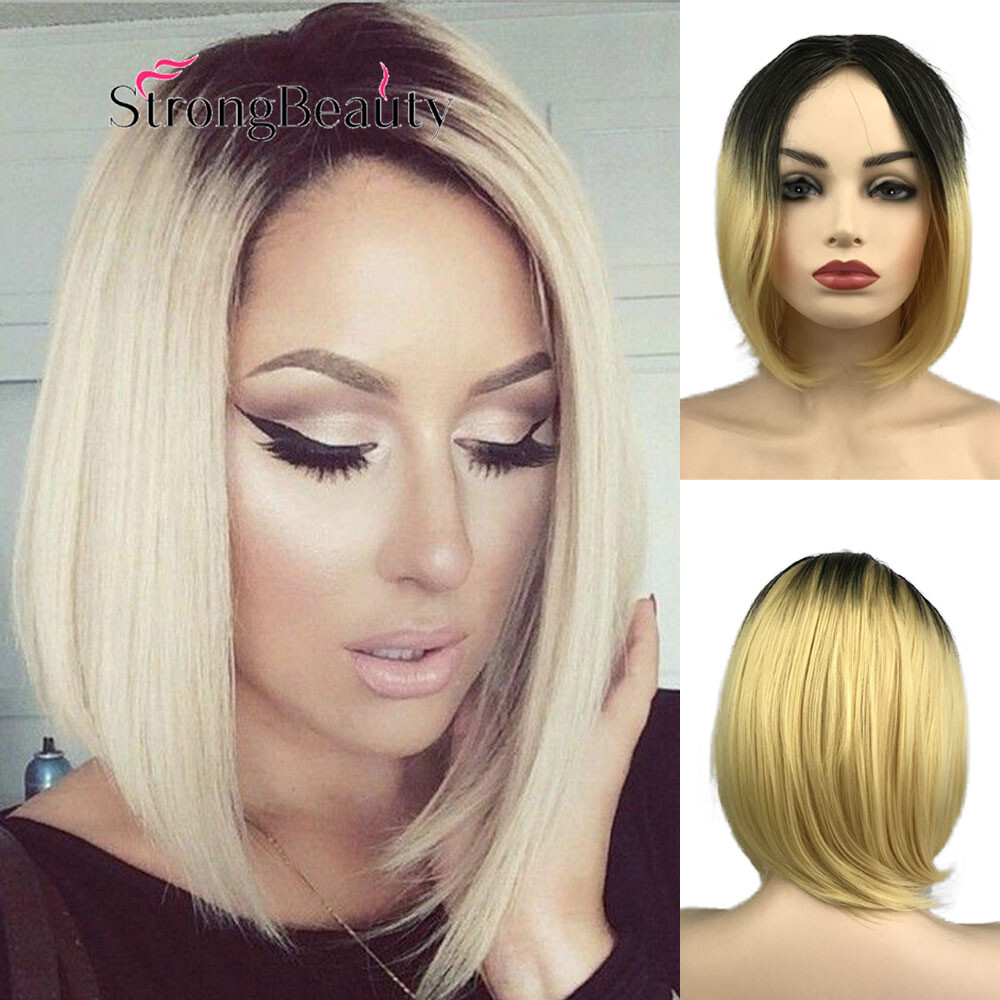 Short Bob Straight Synthetic Hair Wig Ombre Blonde Bob Side Part