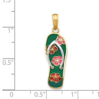 Pre-owned Superdealsforeverything Real 14kt Rhodium 3d Enameled Flowers On Green Flip Flop Pendant