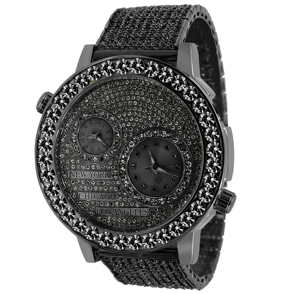 Pre-owned Ice Master Black Gold Finish Solitaire Real Diamond Dial 2 Time Zone Chronograph Mens Watch