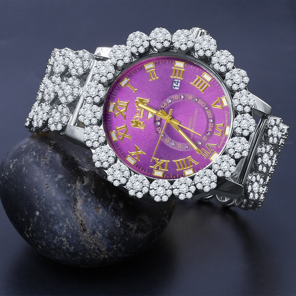 Pre-owned Icy Purple Amethyst 12 Real Diamond Roman Dial Flower Band Bezel Gold Tone Watch