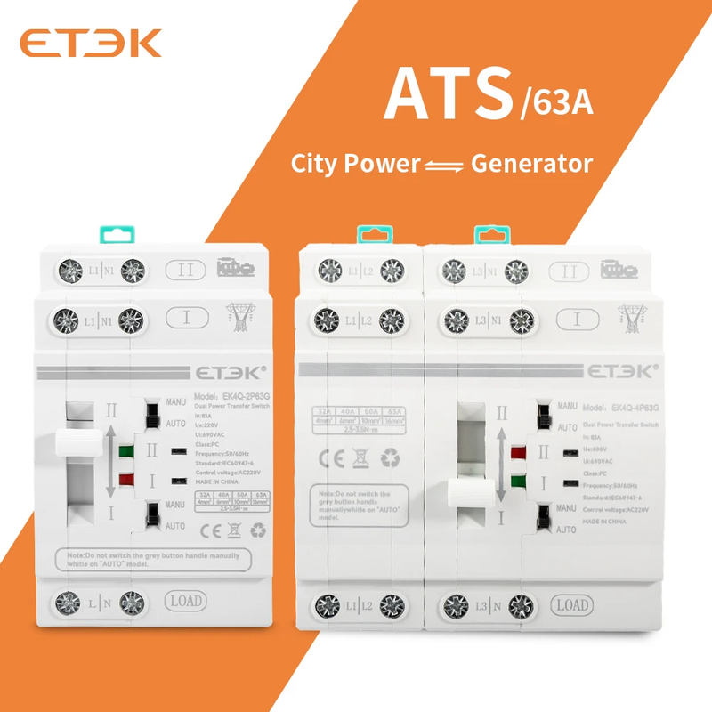 ETEK Din Rail 2P/4P ATS Dual Power Automatic Transfer Switch Electrical Selecto
