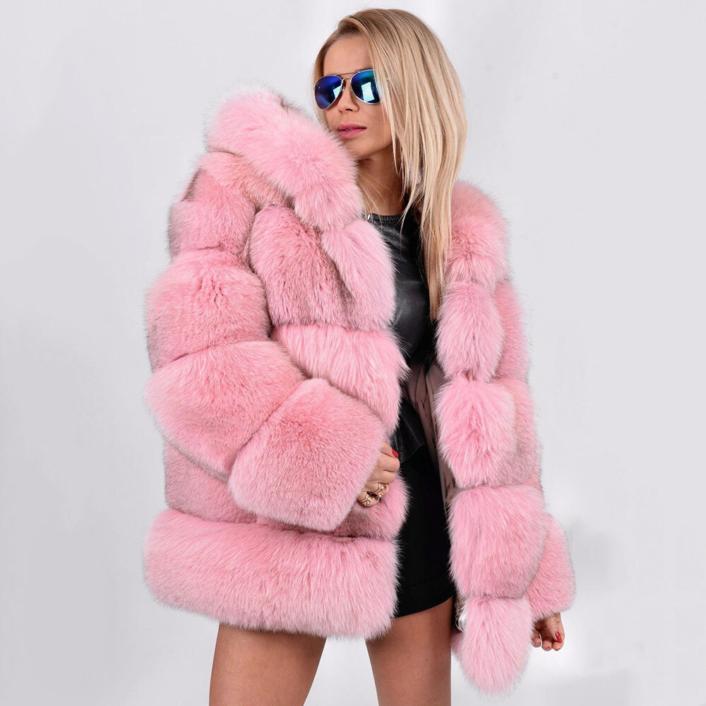 コート PLAIN FW25 FAKE FOX FUR JACKET (JJ25070 PINK) Pink Women 100% Real Fox Fur Coats Hooded Winter Jacket Warm