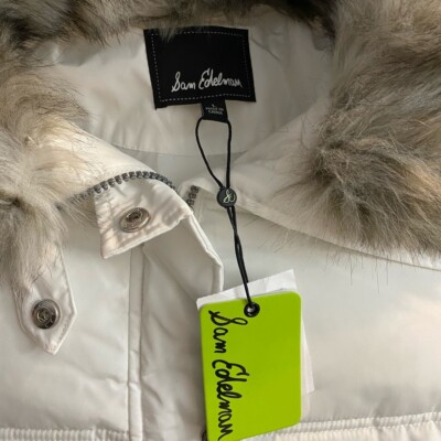 Pre-owned Sam Edelman Cream Water Repellent Puffer Coat With Zip Off Faux Fur Collar In Multicolor