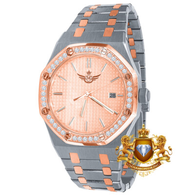 Pre-owned Usdiamondking Solid Steel 2 Tone Rose Gold Finish Simulated Diamond Ap Style Watch 42mm W/date