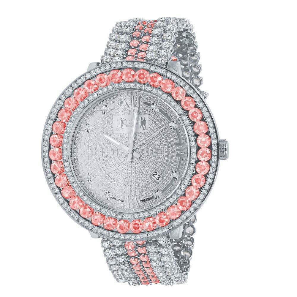 Pre-owned Ice House Pink Tourmaline Custom Watch Real Diamond Dial 18k White Gold Finish Steel Back