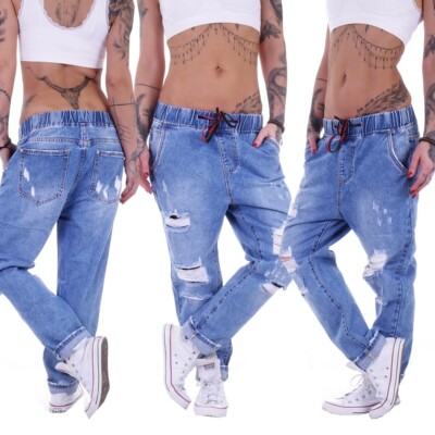 Damen Boyfriend Jeans Ripped Baggy Harems Hose Hüftjeans Stretch Girlfriend H23