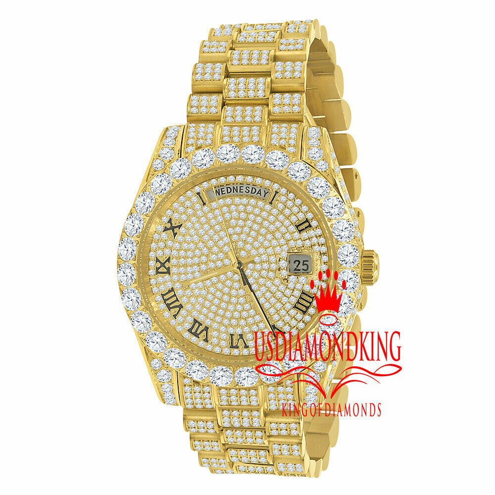 Pre-owned Bling Master Men's Solid Stainless Steel Day/date Roman Dial Solitaire Gold Finish Watch 40mm In Gold Tone