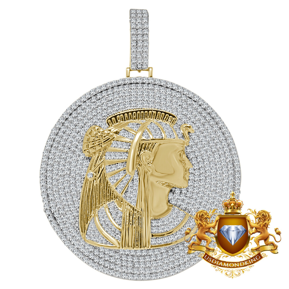 Pre-owned Us Diamond King Xl 2.85 '' Real Sterling Silver Egyptian Queen Nefertiti Pendant Charm Medallion In Yellow/clear