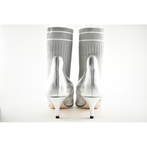 Pre-owned Fendi Rockoko Silver Scuba Stretch Ff Logo Knit Sock Ankle Kitten Heel Boot 37.5