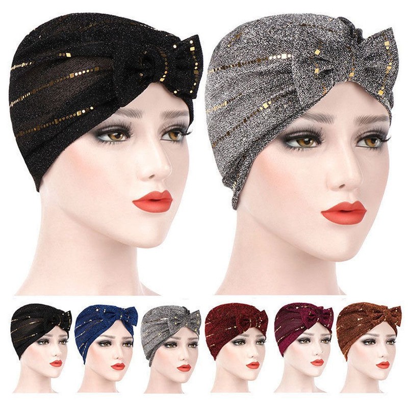 Women Bright Silk Cap Soft Sleep Turban Hat Hair Loss Cap Bowknot