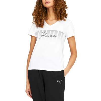 

Puma Double Logo VNeck Футболка с коротким рукавом Женская размер  Повседневные топы 67136102, Белый