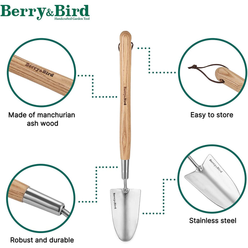 Berry&Bird Garden Tools Stainless Steel Border Hand Shovel Medium Handle Shovel