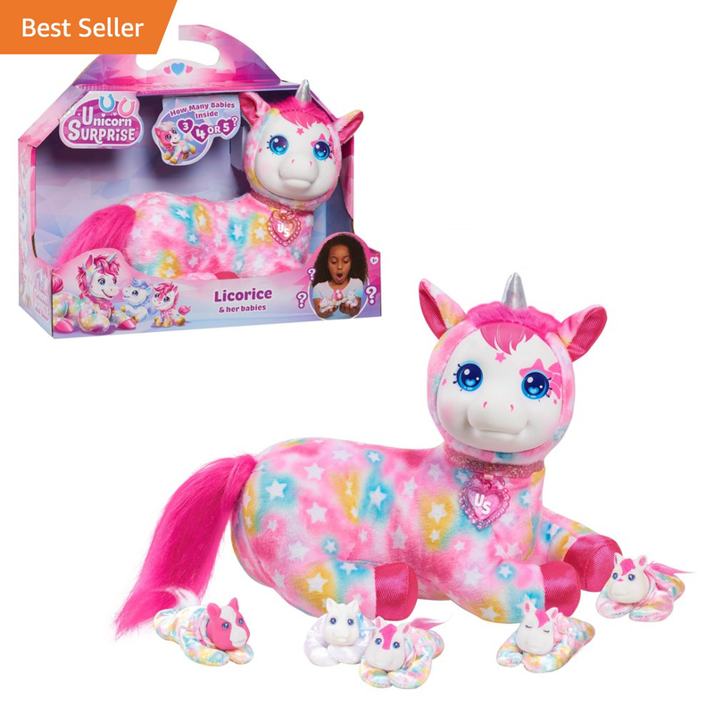 Unicorn Surprise Licorice Stuffed Animal with Unicorn Babies, Kids Toys for Ages