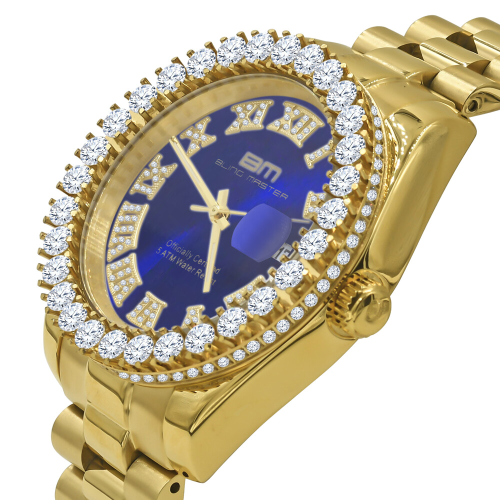 Pre-owned Bling Master Blue Dial Solid Steel Men's 18k Gold Tone Diamonds President Watch W/date 42 Mm