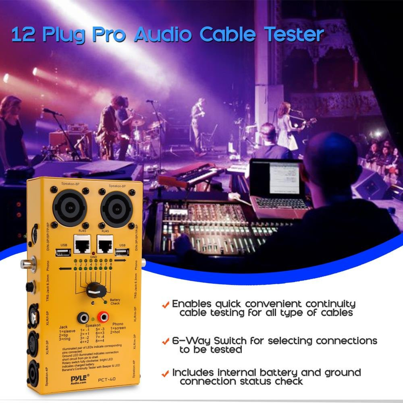12-Plug Pro Audio Cable Tester - 12-in-1 Line Finder, Continuity Checker, Wire T