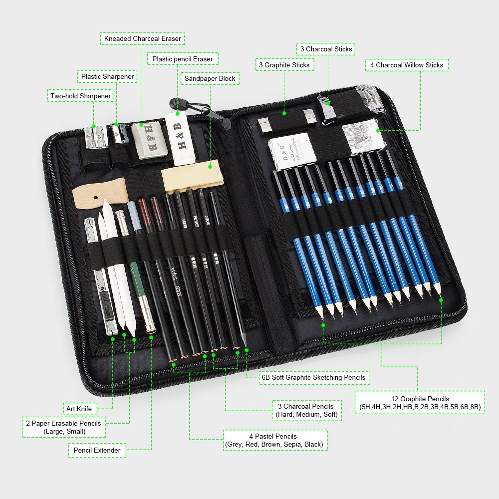 40 Pieces Art Supplies Sketch Tool Set with Graphite Pencils, Pastel Pencils,