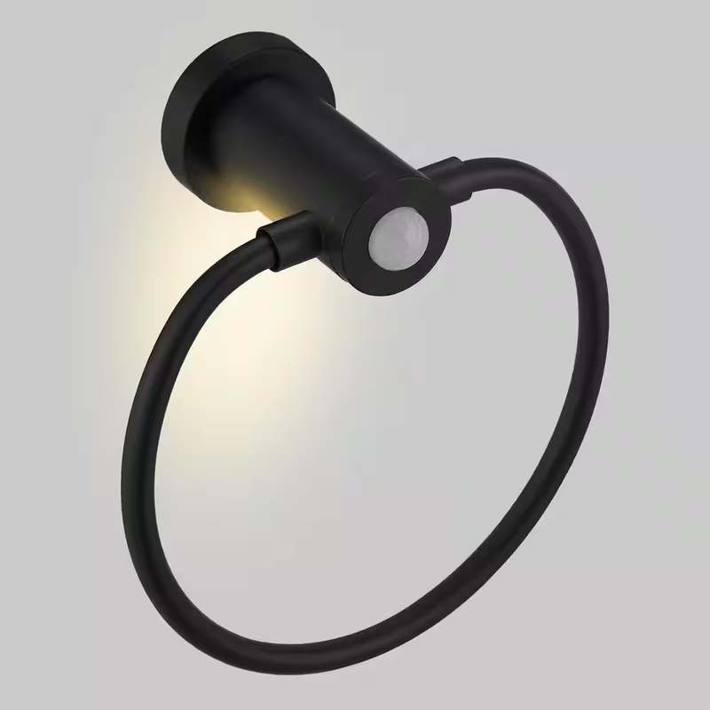 LED Towel Ring Wall Mount Black Motion Sensor Night Light Battery Bathroom
