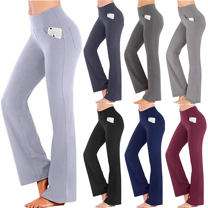 Women's Foldover Long Bootcut Yoga Pants Flare Fitness Workout Pockets