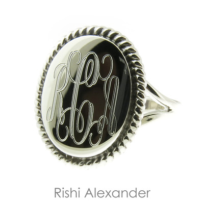 925 Sterling Silver High Polished Monogram Oval with Rope Edge Signet Ring