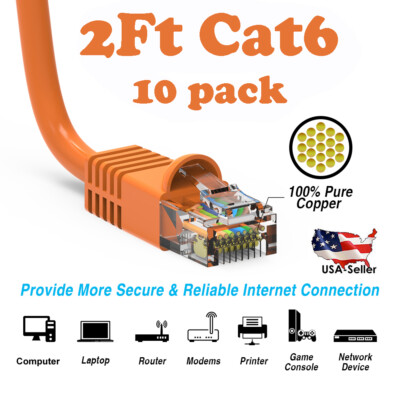 2Ft CAT6 Ethernet Cable Lan Network CAT6 Internet Modem RJ45 Patch Cord Orange