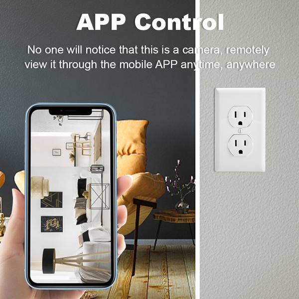 Smartphone app controls hidden camera in outlet.