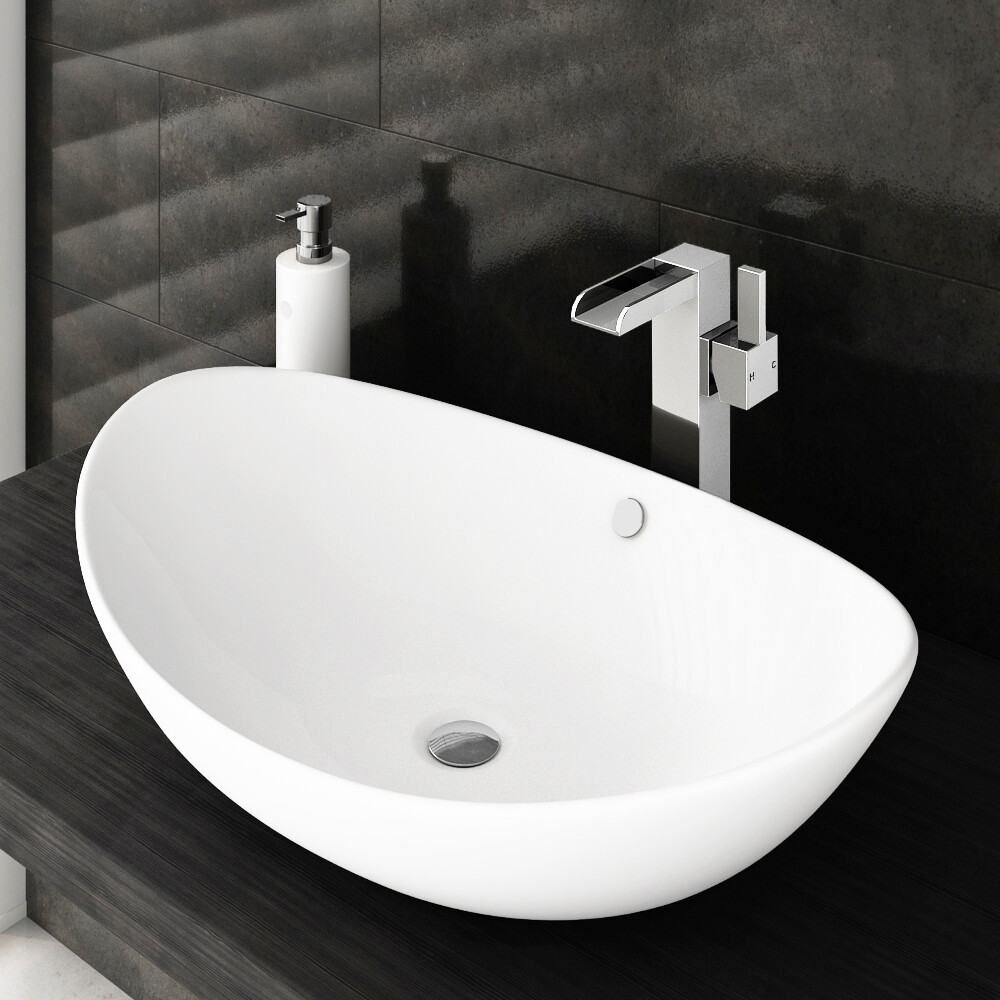 590mm Modern Basin Sink Bathroom Counter top Cloakroom Oval Bowl Sit on Overflow eBay