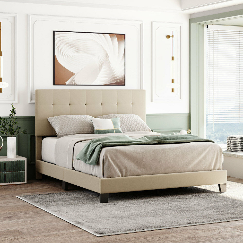 Upholstered Platform Bed Frame w/ Tufted Headboard Queen Size Box Spring Needed
